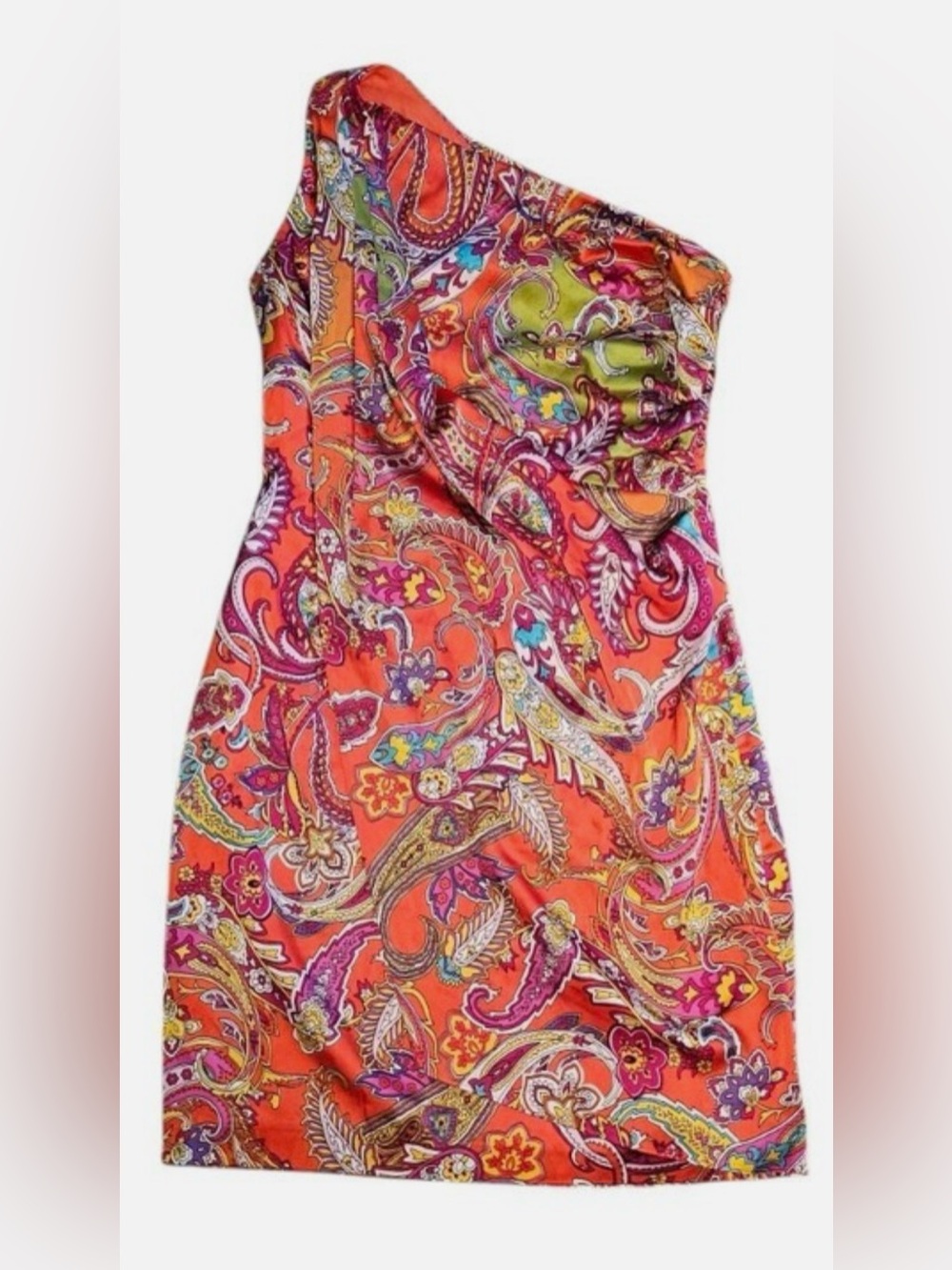 Lauren Ralph Lauren One-Shoulder Orange Paisley Cocktail Dress